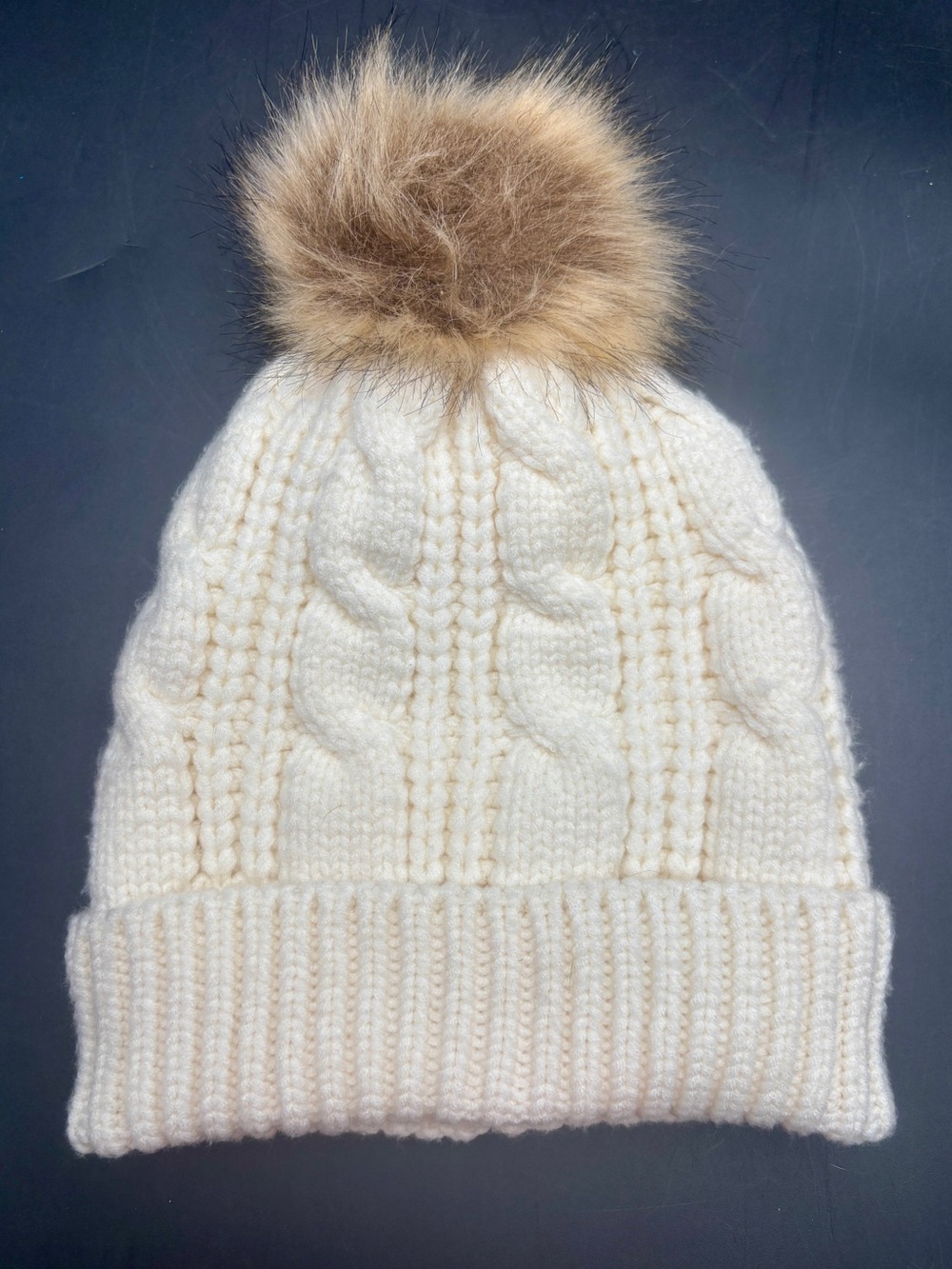 Cream Cable-Knit Faux-Fur Pom-Pom Beanie
